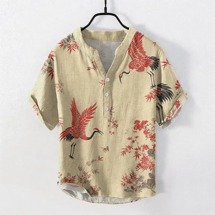 Buddha Stones Chemise homme à manches courtes et demi-boutonnée en coton à motif floral de grues rouges - Blé - US/UK/AU50，EU60 (5XL) - image 5