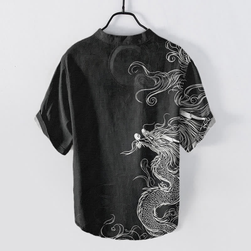 Buddha Stones Chemise homme à manches courtes et demi-boutonnée en coton blanc à motif de grand dragon - image 8