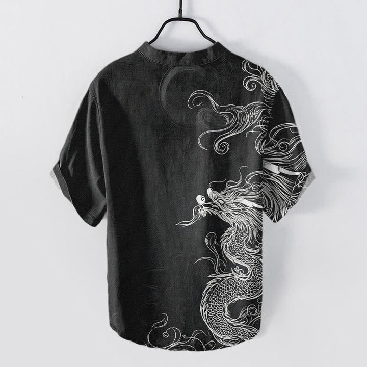 Buddha Stones Chemise homme à manches courtes et demi-boutonnée en coton blanc à motif de grand dragon - image 8