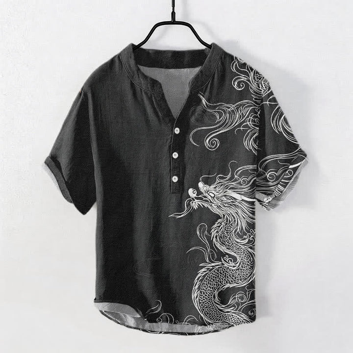 Buddha Stones Chemise homme à manches courtes et demi-boutonnée en coton blanc à motif de grand dragon - Noir - US/UK/AU50，EU60 (5XL) - image 7