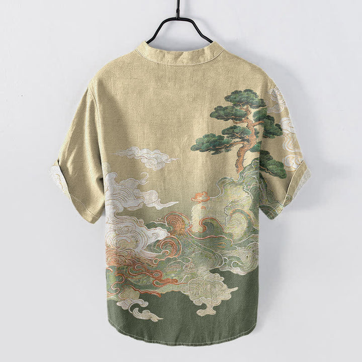 Buddha Stones Chemise homme à manches courtes et demi-boutonnée, motif vagues de pin, encre coton - image 1