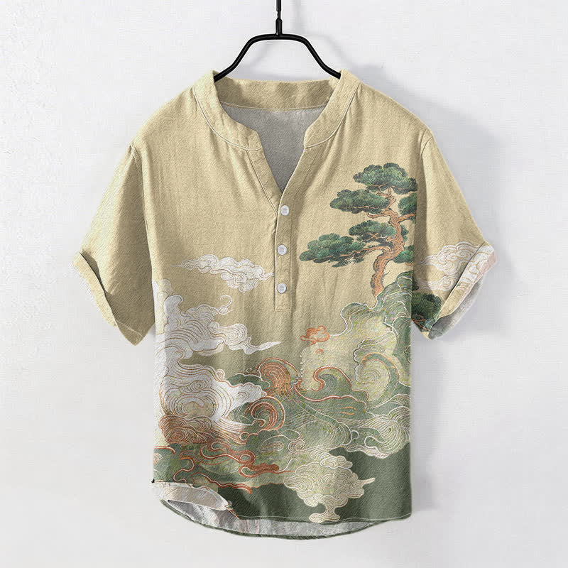 Buddha Stones Chemise homme à manches courtes et demi-boutonnée, motif vagues de pin, encre coton - Kaki - US/UK/AU50，EU60 (5XL) - image 0
