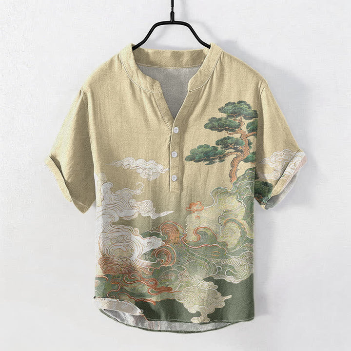 Buddha Stones Chemise homme à manches courtes et demi-boutonnée, motif vagues de pin, encre coton - Kaki - US/UK/AU50，EU60 (5XL) - image 0