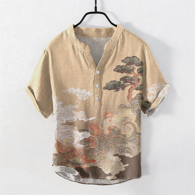 Buddha Stones Chemise homme à manches courtes et demi-boutonnée, motif vagues de pin, encre coton - BurlyWood - US/UK/AU50，EU60 (5XL) - image 3