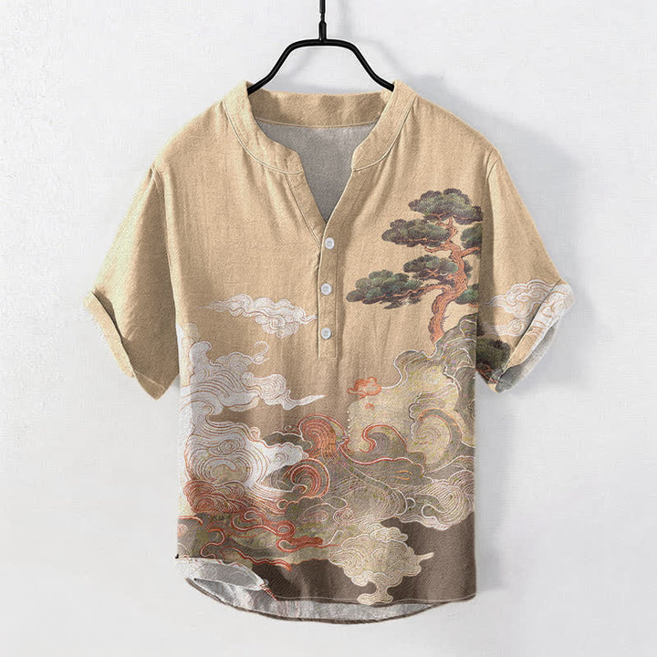 Buddha Stones Chemise homme à manches courtes et demi-boutonnée, motif vagues de pin, encre coton - BurlyWood - US/UK/AU50，EU60 (5XL) - image 3