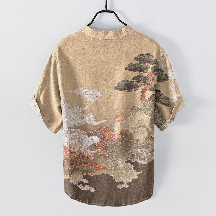 Buddha Stones Chemise homme à manches courtes et demi-boutonnée, motif vagues de pin, encre coton - image 4