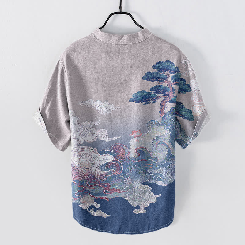 Buddha Stones Chemise homme à manches courtes et demi-boutonnée, motif vagues de pin, encre coton - image 6