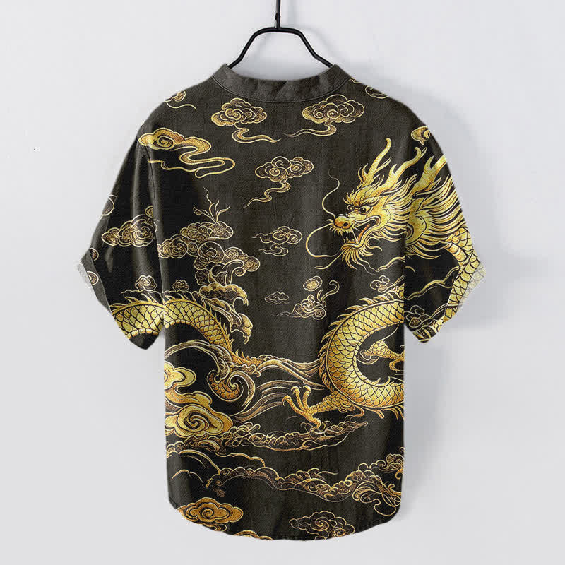 Buddha Stones Chemise homme à manches courtes et demi-boutonnée en coton à motif nuage de dragon doré - image 1