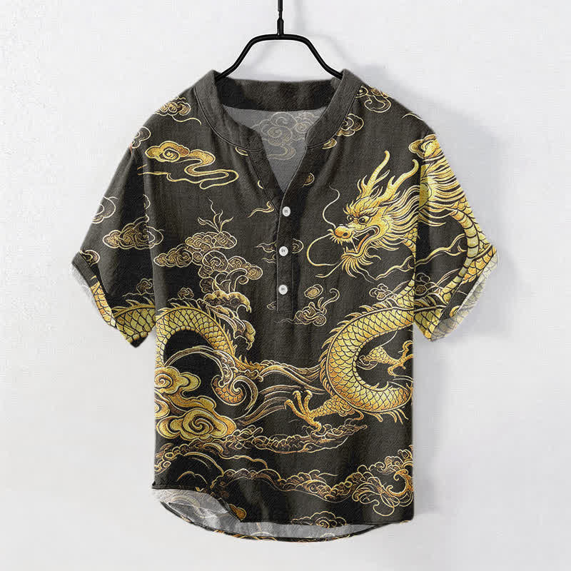 Buddha Stones Chemise homme à manches courtes et demi-boutonnée en coton à motif nuage de dragon doré - Noir - US/UK/AU50，EU60 (5XL) - image 0