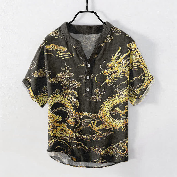 Buddha Stones Chemise homme à manches courtes et demi-boutonnée en coton à motif nuage de dragon doré - Noir - US/UK/AU50，EU60 (5XL) - image 0