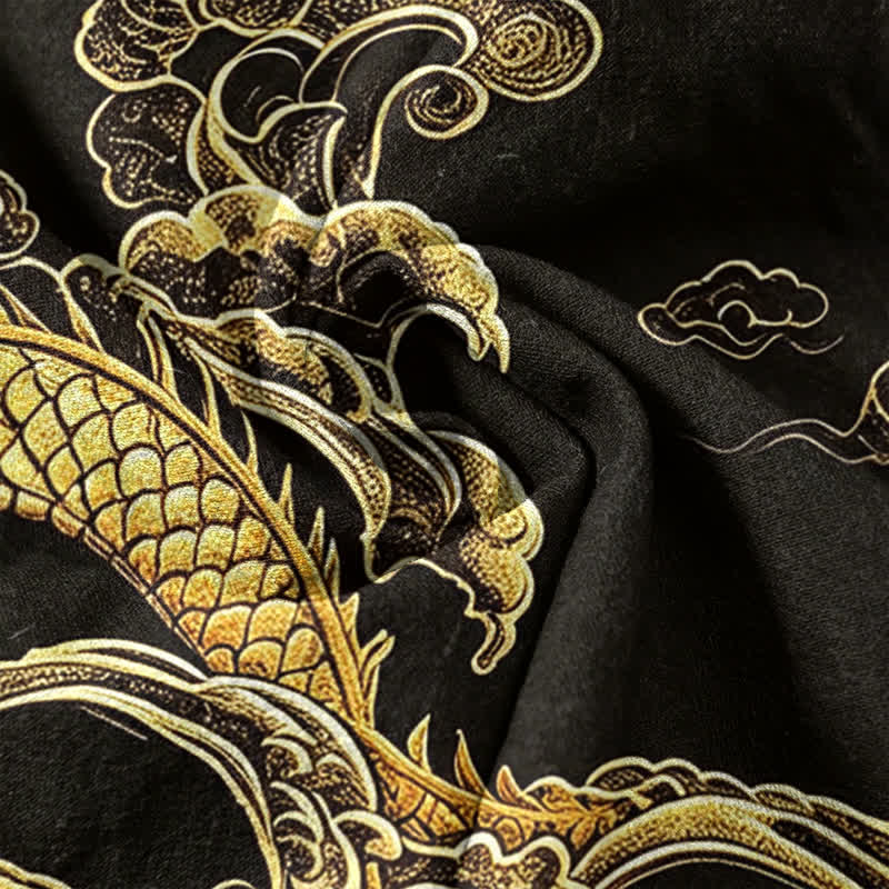 Buddha Stones Chemise homme à manches courtes et demi-boutonnée en coton à motif nuage de dragon doré - image 3