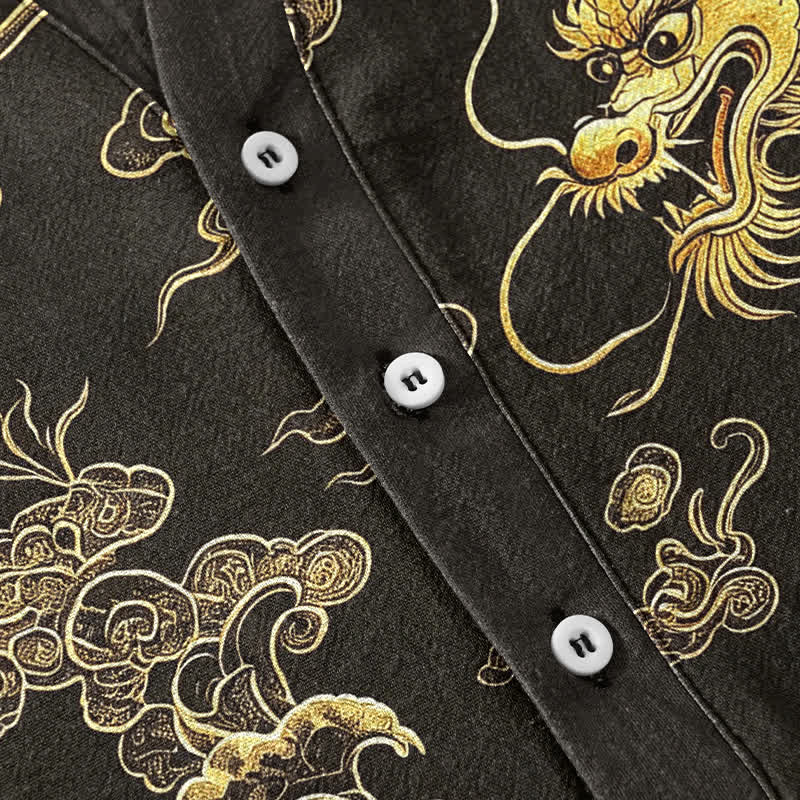 Buddha Stones Chemise homme à manches courtes et demi-boutonnée en coton à motif nuage de dragon doré - image 4