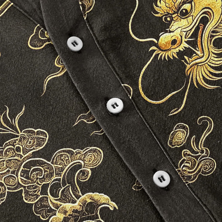 Buddha Stones Chemise homme à manches courtes et demi-boutonnée en coton à motif nuage de dragon doré - image 4