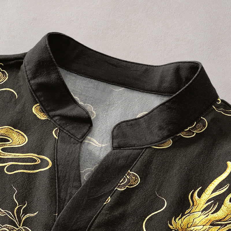Buddha Stones Chemise homme à manches courtes et demi-boutonnée en coton à motif nuage de dragon doré - image 2