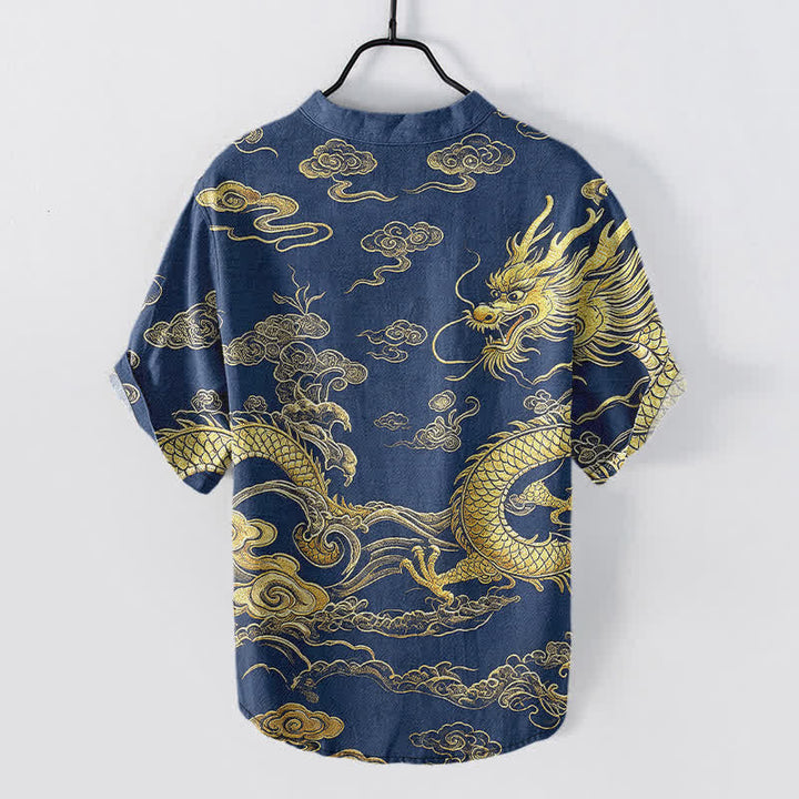 Buddha Stones Chemise homme à manches courtes et demi-boutonnée en coton à motif nuage de dragon doré - image 6
