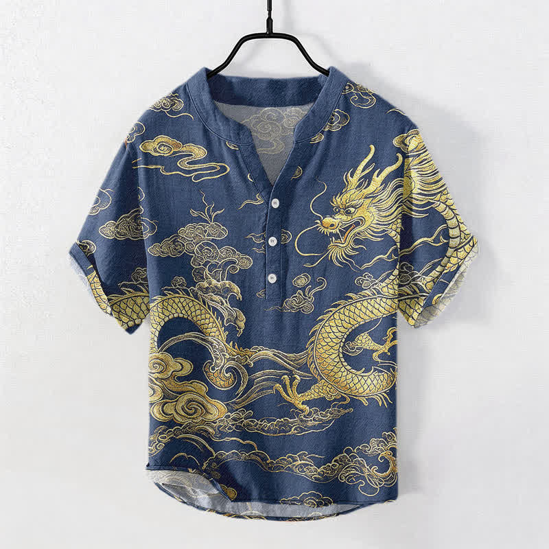 Buddha Stones Chemise homme à manches courtes et demi-boutonnée en coton à motif nuage de dragon doré - Bleu royal - US/UK/AU50，EU60 (5XL) - image 5