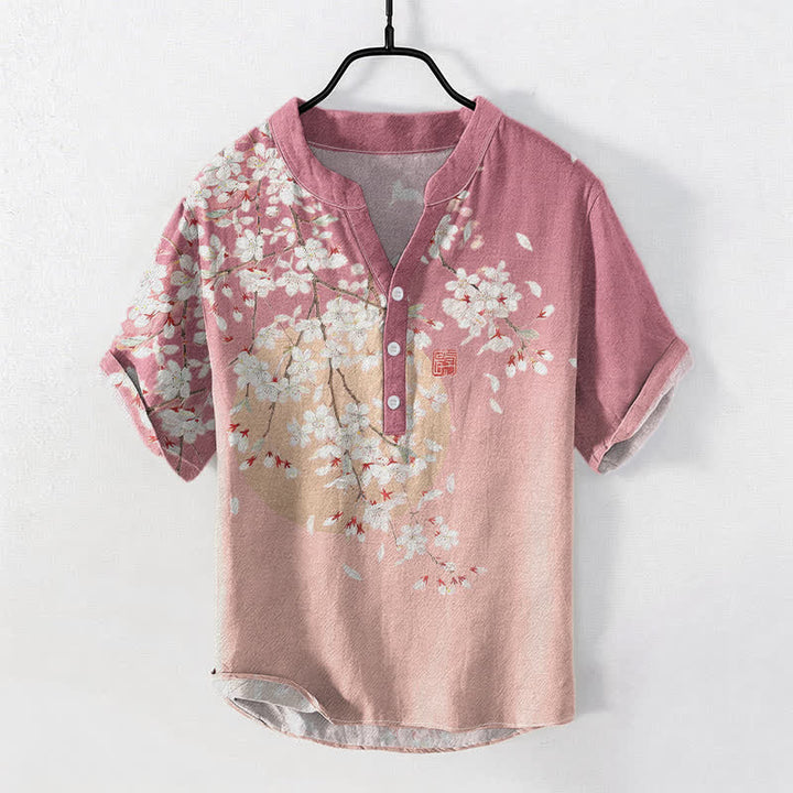 Buddha Stones Chemise homme à manches courtes et demi-boutons, motif aquarelle de fleurs de cerisier, en pur coton - Rose clair - US/UK/AU50，EU60 (5XL) - image 0