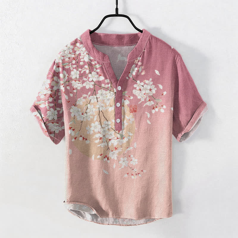 Buddha Stones Chemise homme à manches courtes et demi-boutons, motif aquarelle de fleurs de cerisier, en pur coton - Rose clair - US/UK/AU50，EU60 (5XL) - image 0