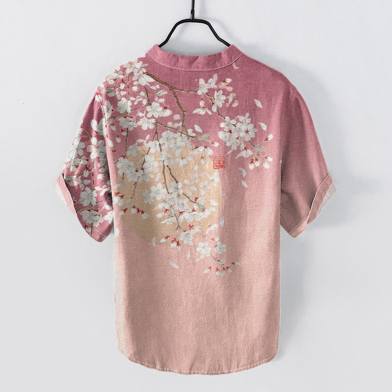 Buddha Stones Chemise homme à manches courtes et demi-boutons, motif aquarelle de fleurs de cerisier, en pur coton - image 1