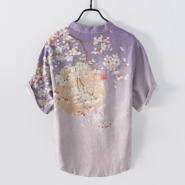 Buddha Stones Chemise homme à manches courtes et demi-boutons, motif aquarelle de fleurs de cerisier, en pur coton - image 4