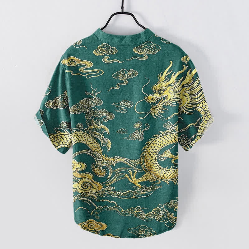 Buddha Stones Chemise homme à manches courtes et demi-boutonnée en coton à motif nuage de dragon doré - image 8