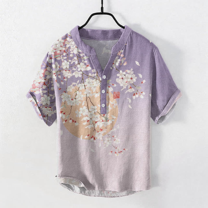 Buddha Stones Chemise homme à manches courtes et demi-boutons, motif aquarelle de fleurs de cerisier, en pur coton - Lavande - US/UK/AU50，EU60 (5XL) - image 3