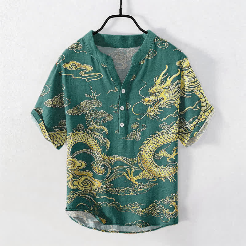 Buddha Stones Chemise homme à manches courtes et demi-boutonnée en coton à motif nuage de dragon doré - Vert d'eau - US/UK/AU50，EU60 (5XL) - image 7