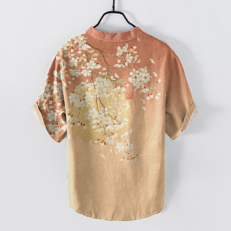 Buddha Stones Chemise homme à manches courtes et demi-boutons, motif aquarelle de fleurs de cerisier, en pur coton - image 6