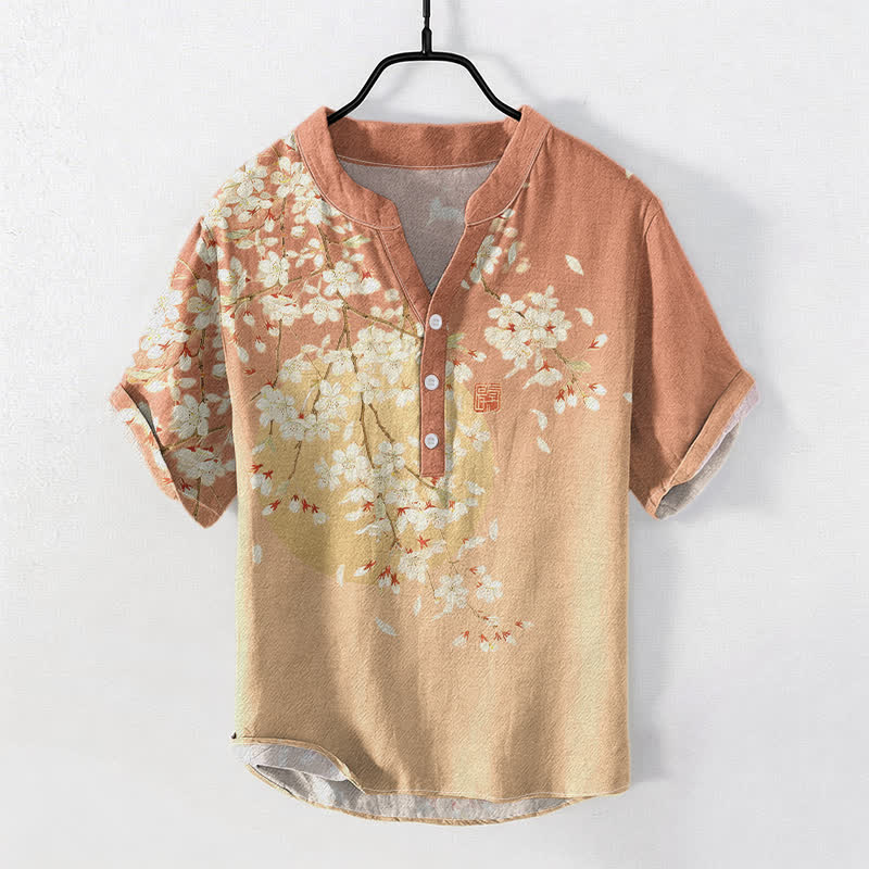 Buddha Stones Chemise homme à manches courtes et demi-boutons, motif aquarelle de fleurs de cerisier, en pur coton - SandyBrown - US/UK/AU50，EU60 (5XL) - image 5