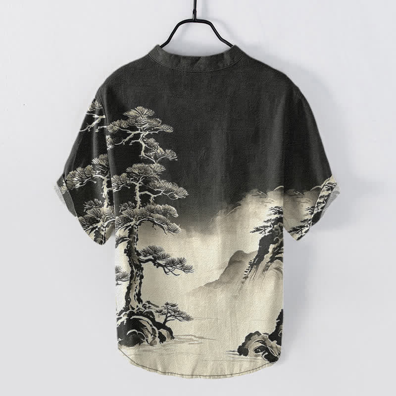 Buddha Stones Chemise homme à manches courtes et demi-boutonnée, motif paysage, en coton délavé - image 1