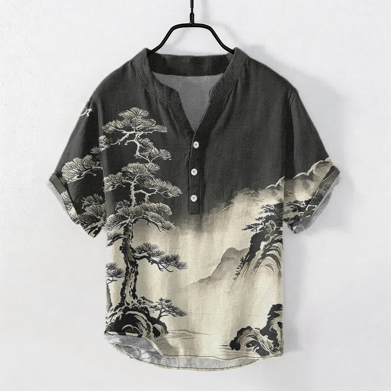 Buddha Stones Chemise homme à manches courtes et demi-boutonnée, motif paysage, en coton délavé - Noir - US/UK/AU50，EU60 (5XL) - image 0