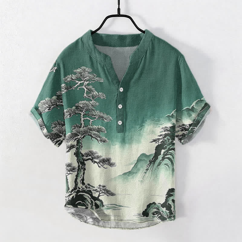 Buddha Stones Chemise homme à manches courtes et demi-boutonnée, motif paysage, en coton délavé - Vert d'eau - US/UK/AU50，EU60 (5XL) - image 5