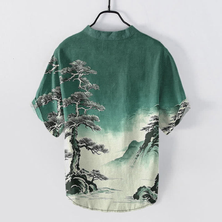 Buddha Stones Chemise homme à manches courtes et demi-boutonnée, motif paysage, en coton délavé - image 6