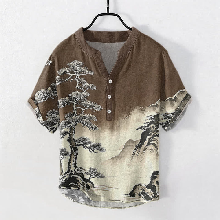 Buddha Stones Chemise homme à manches courtes et demi-boutonnée, motif paysage, en coton délavé - image 7