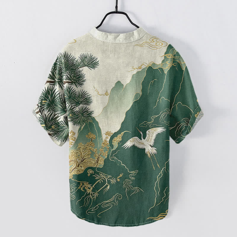 Buddha Stones Chemise à manches courtes et demi-boutonnée pour homme, en coton, à motif de grues des montagnes orientales. - image 1