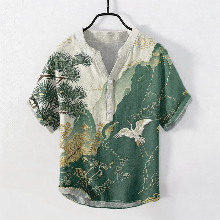 Buddha Stones Chemise à manches courtes et demi-boutonnée pour homme, en coton, à motif de grues des montagnes orientales. - Vert forêt - US/UK/AU50，EU60 (5XL) - image 0