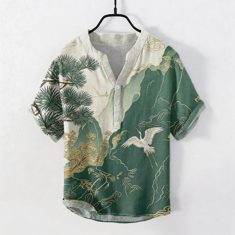 Buddha Stones Chemise à manches courtes et demi-boutonnée pour homme, en coton, à motif de grues des montagnes orientales. - Vert forêt - US/UK/AU50，EU60 (5XL) - image 0