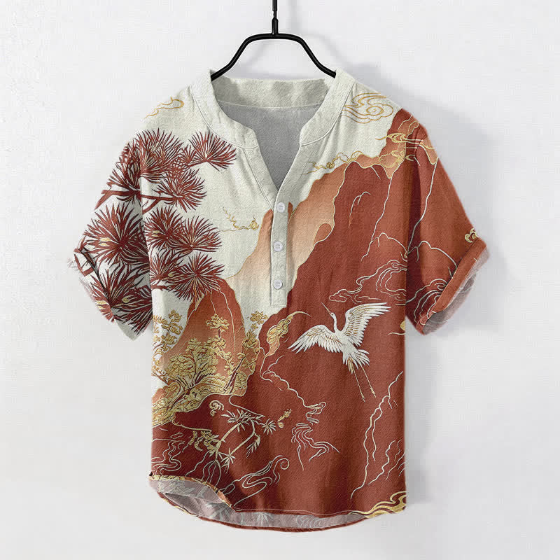 Buddha Stones Chemise à manches courtes et demi-boutonnée pour homme, en coton, à motif de grues des montagnes orientales. - Terre de sienne - US/UK/AU50，EU60 (5XL) - image 3