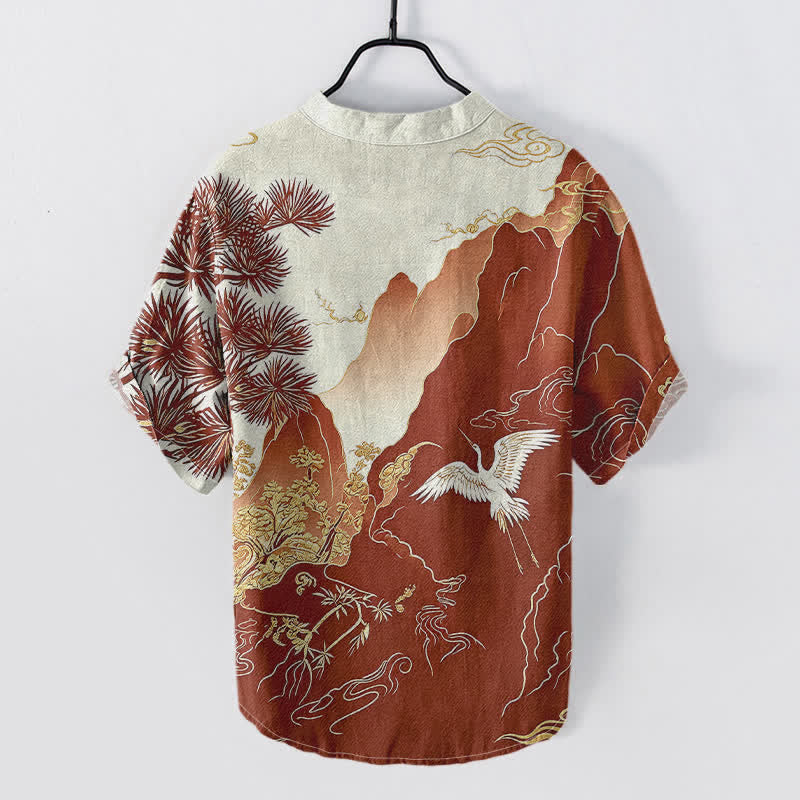 Buddha Stones Chemise à manches courtes et demi-boutonnée pour homme, en coton, à motif de grues des montagnes orientales. - image 4