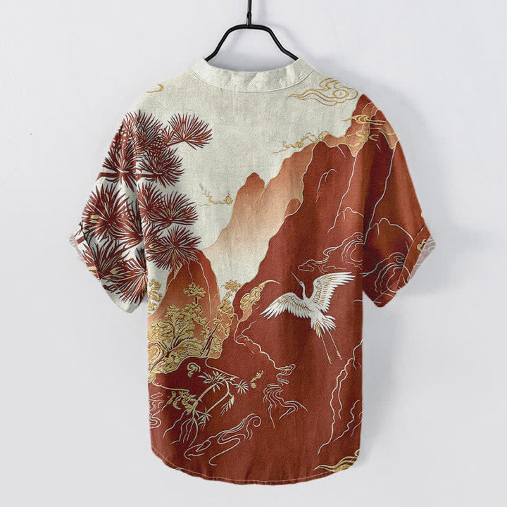 Buddha Stones Chemise à manches courtes et demi-boutonnée pour homme, en coton, à motif de grues des montagnes orientales. - image 4