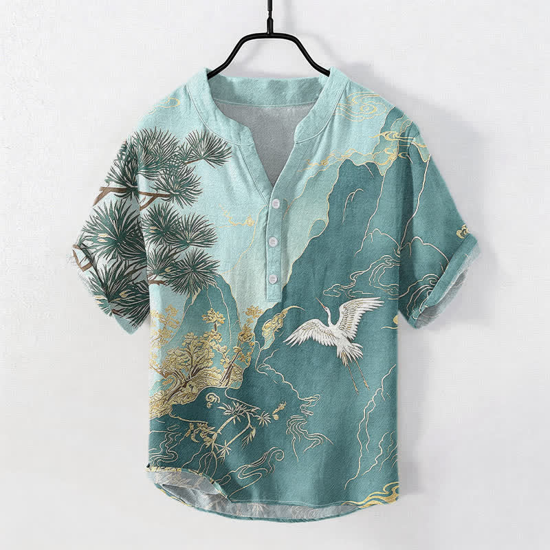 Buddha Stones Chemise à manches courtes et demi-boutonnée pour homme, en coton, à motif de grues des montagnes orientales. - CadetBlue - US/UK/AU50，EU60 (5XL) - image 5