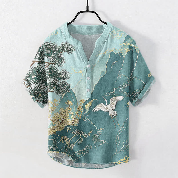 Buddha Stones Chemise à manches courtes et demi-boutonnée pour homme, en coton, à motif de grues des montagnes orientales. - CadetBlue - US/UK/AU50，EU60 (5XL) - image 5