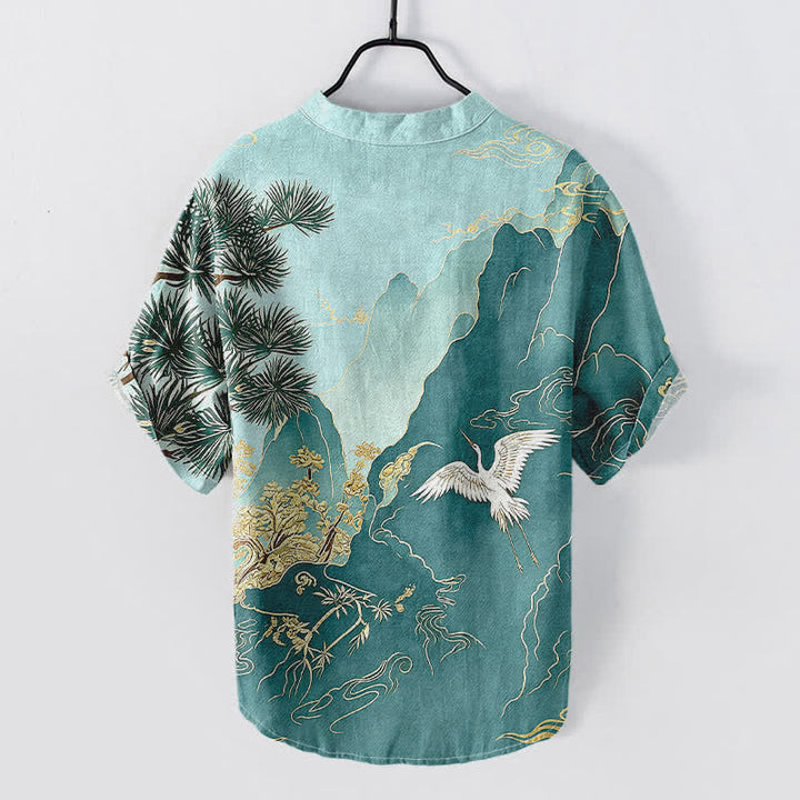 Buddha Stones Chemise à manches courtes et demi-boutonnée pour homme, en coton, à motif de grues des montagnes orientales. - image 6