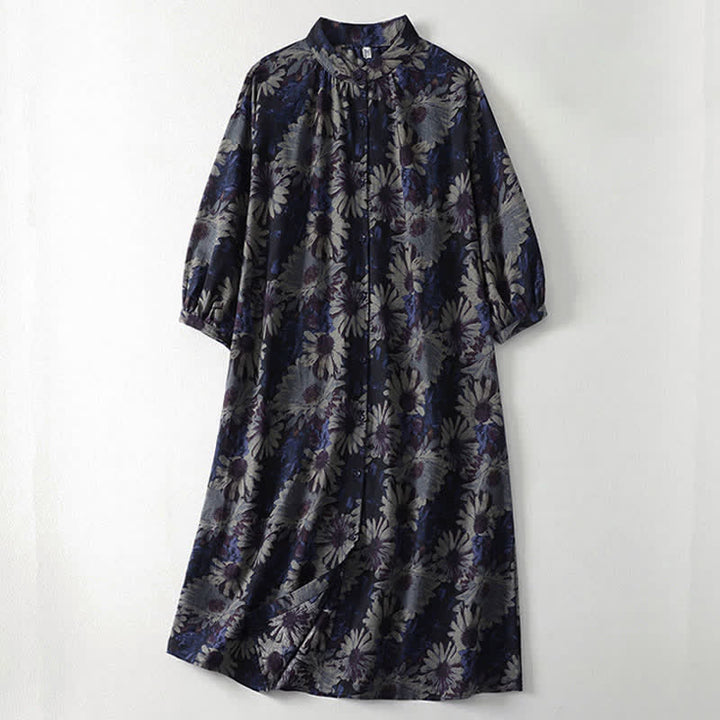 Buddha Stones Robe printemps vintage à col mandarin, boutonnée, à imprimé floral, manches trois-quarts et poches - Bleu nuit - US12，UK/AU16，EU44 (2XL) - image 0