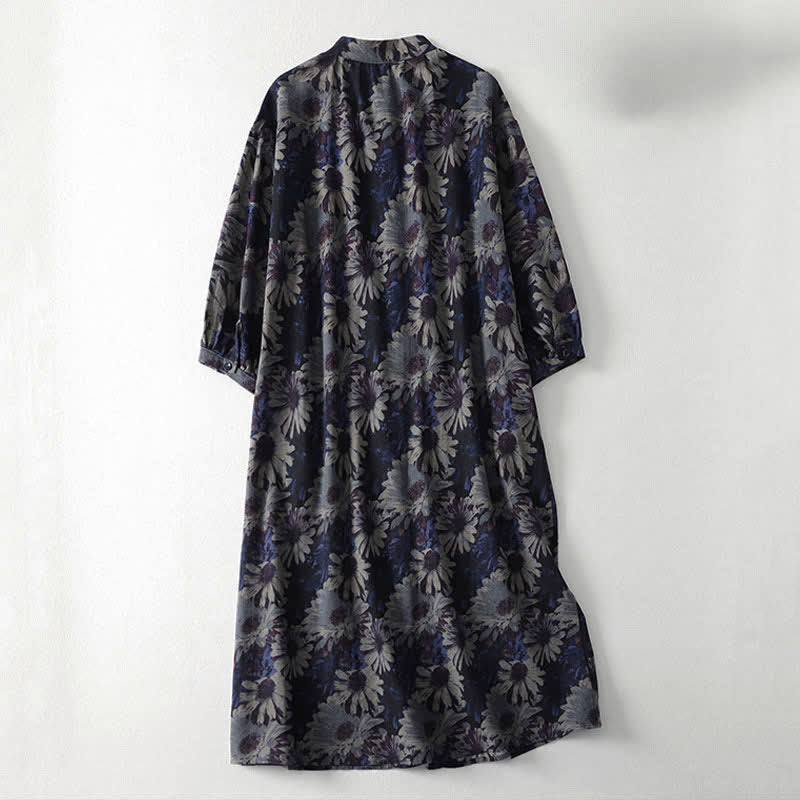 Buddha Stones Robe printemps vintage à col mandarin, boutonnée, à imprimé floral, manches trois-quarts et poches - image 1