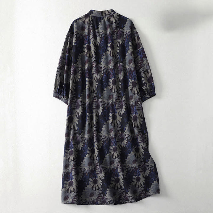 Buddha Stones Robe printemps vintage à col mandarin, boutonnée, à imprimé floral, manches trois-quarts et poches - image 1