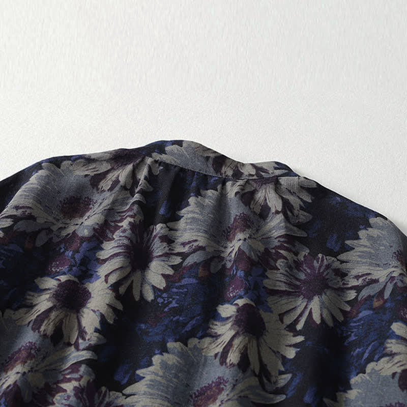 Buddha Stones Robe printemps vintage à col mandarin, boutonnée, à imprimé floral, manches trois-quarts et poches - image 3