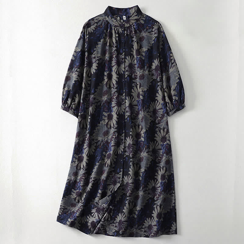Buddha Stones Robe printemps vintage à col mandarin, boutonnée, à imprimé floral, manches trois-quarts et poches - Bleu nuit - US12，UK/AU16，EU44 (2XL) - image 0