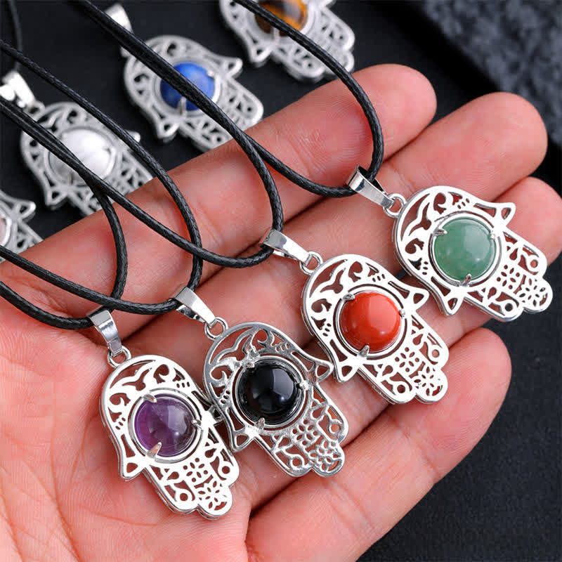 Buddha Stones Collier en obsidienne noire naturelle avec incrustation de palmier Hamsa et cristal de force - image 23