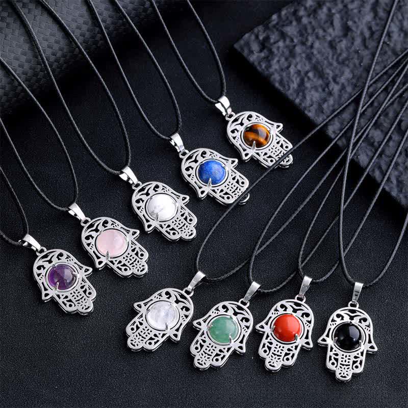 Buddha Stones Collier en obsidienne noire naturelle avec incrustation de palmier Hamsa et cristal de force - image 20